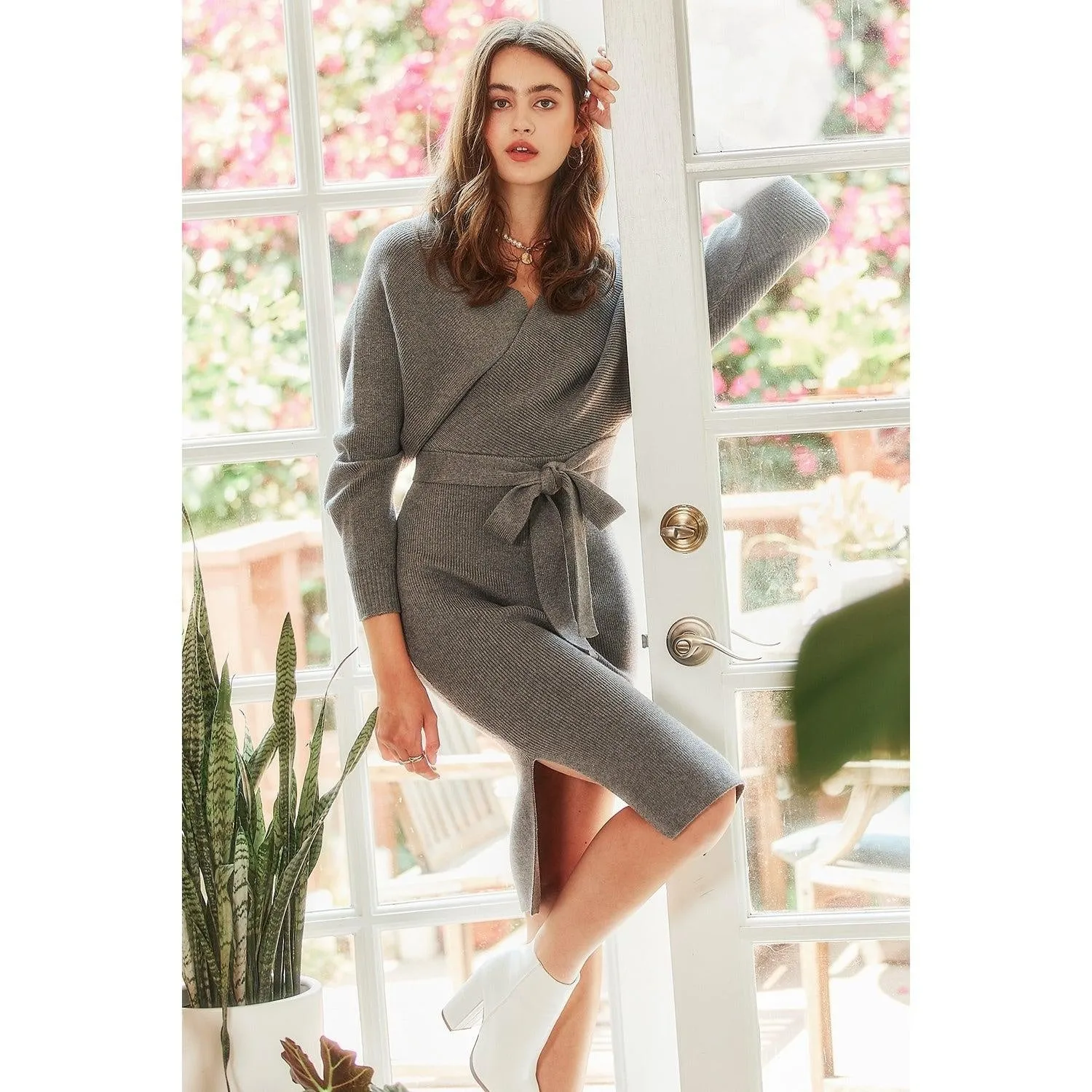 Surplice Belted Grey Sweater Dress