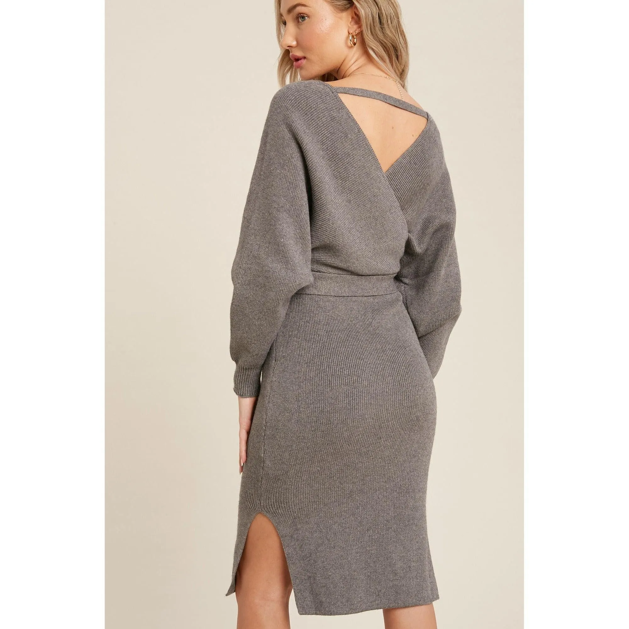 Surplice Belted Grey Sweater Dress