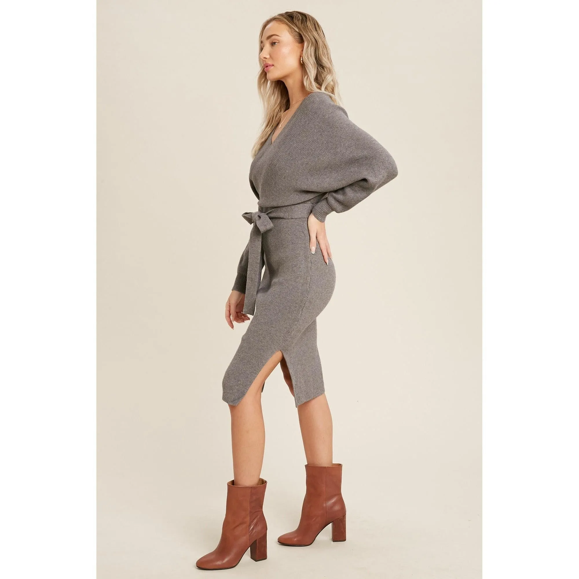 Surplice Belted Grey Sweater Dress