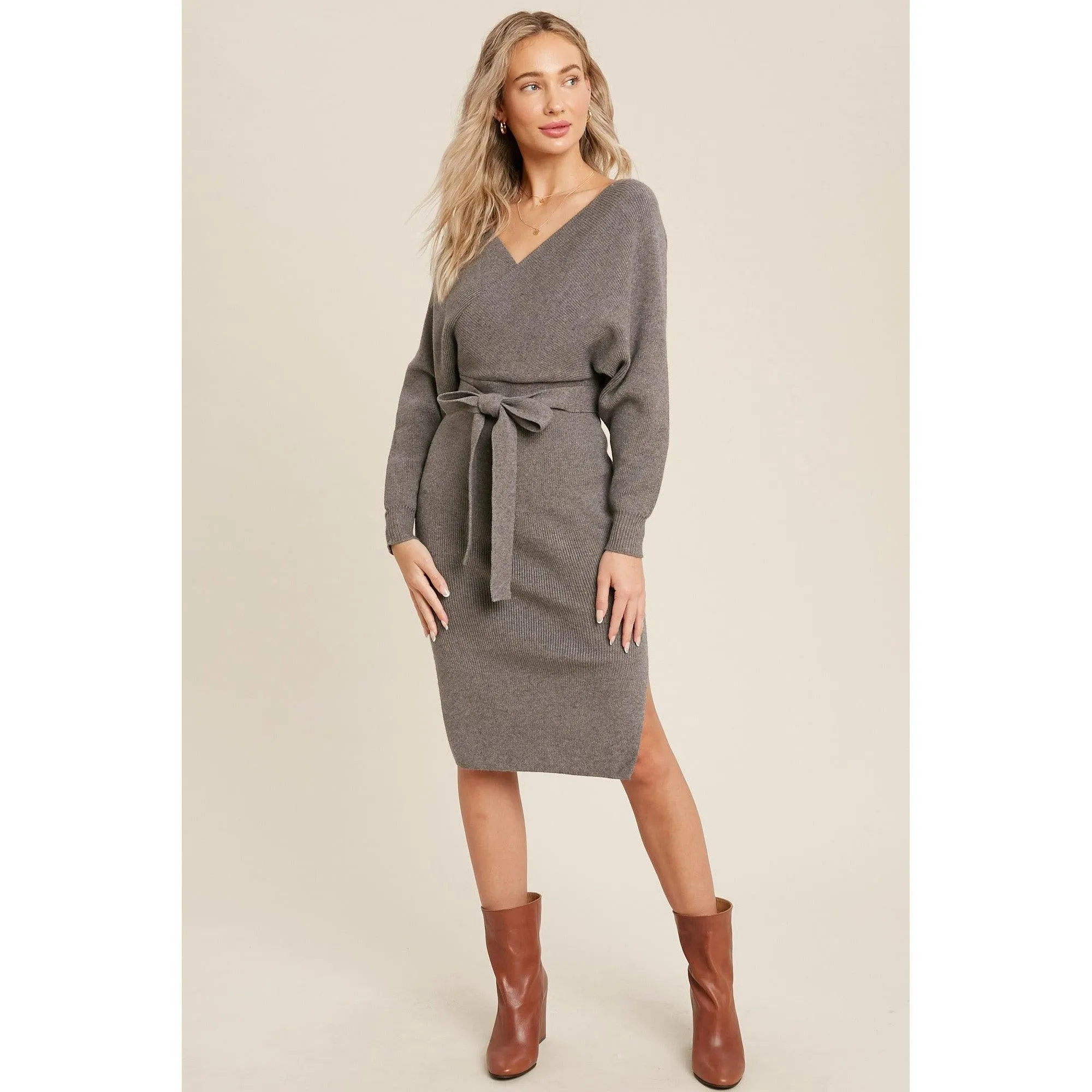 Surplice Belted Grey Sweater Dress