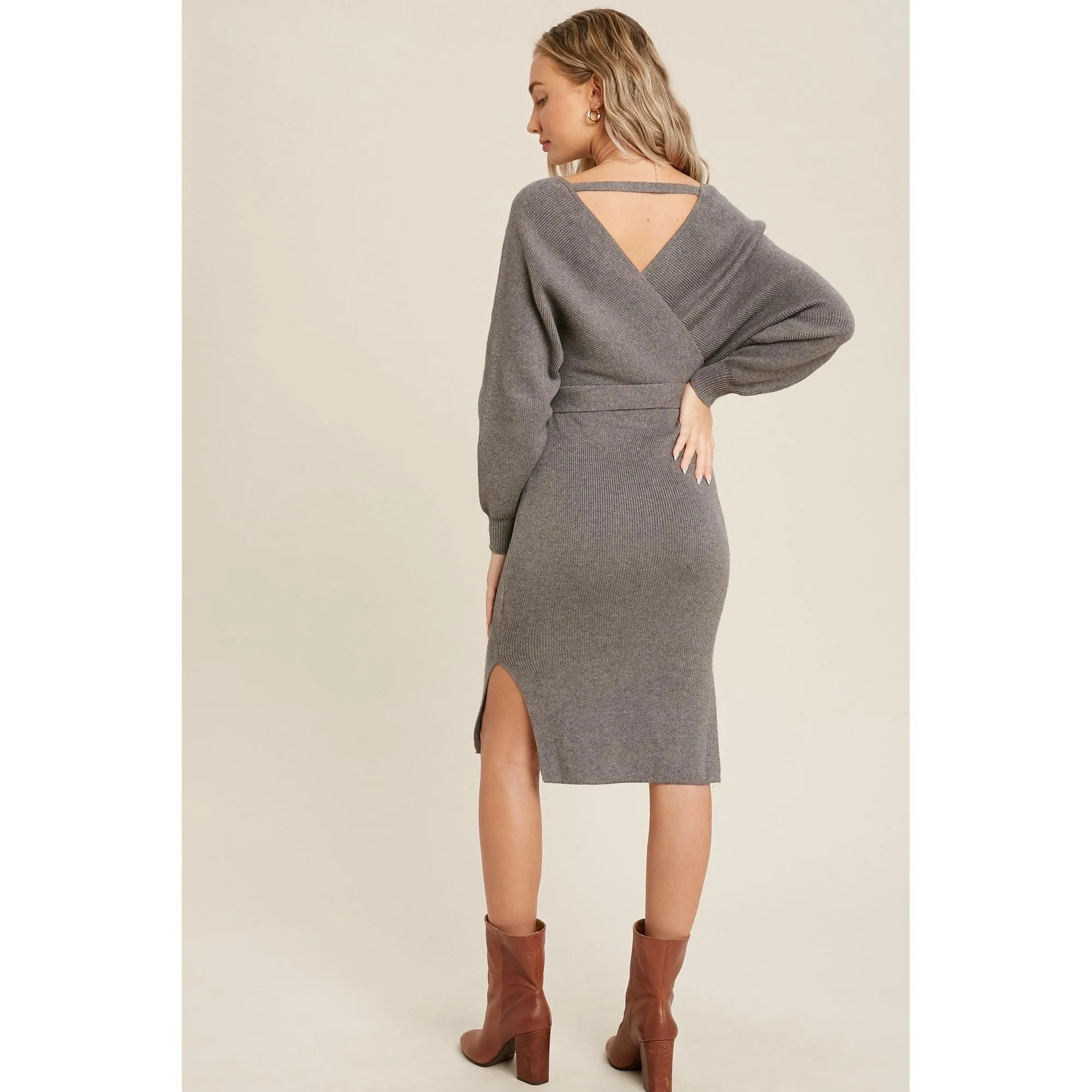 Surplice Belted Grey Sweater Dress