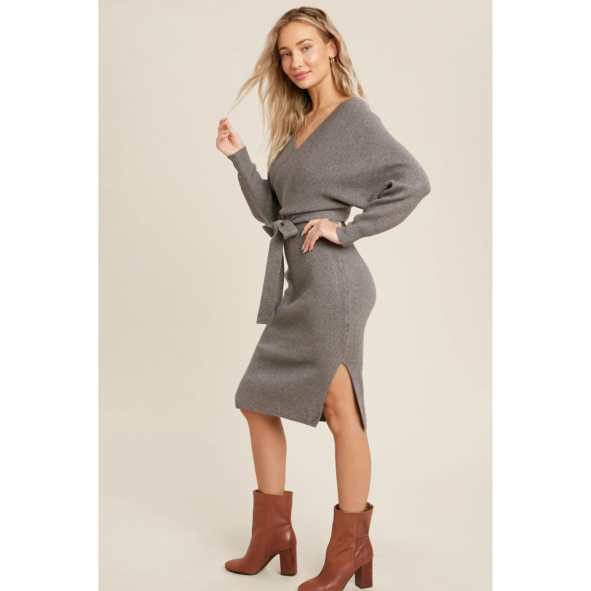 Surplice Belted Grey Sweater Dress