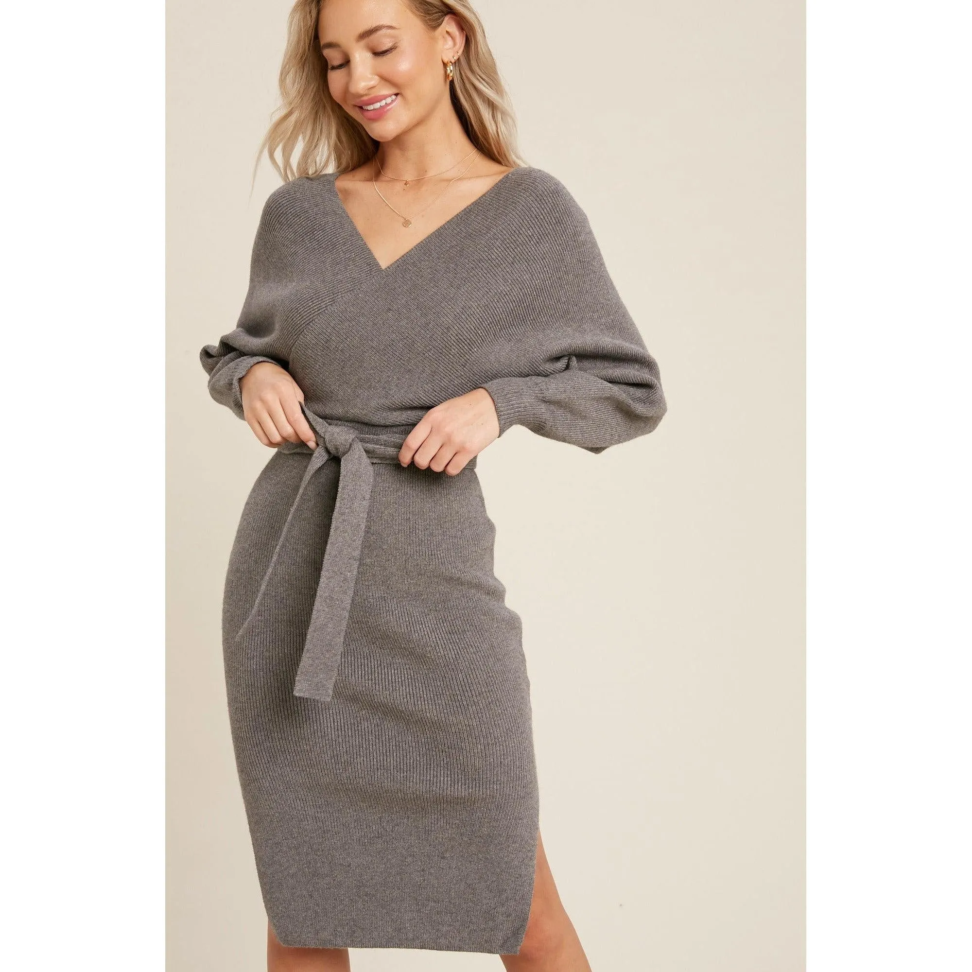 Surplice Belted Grey Sweater Dress