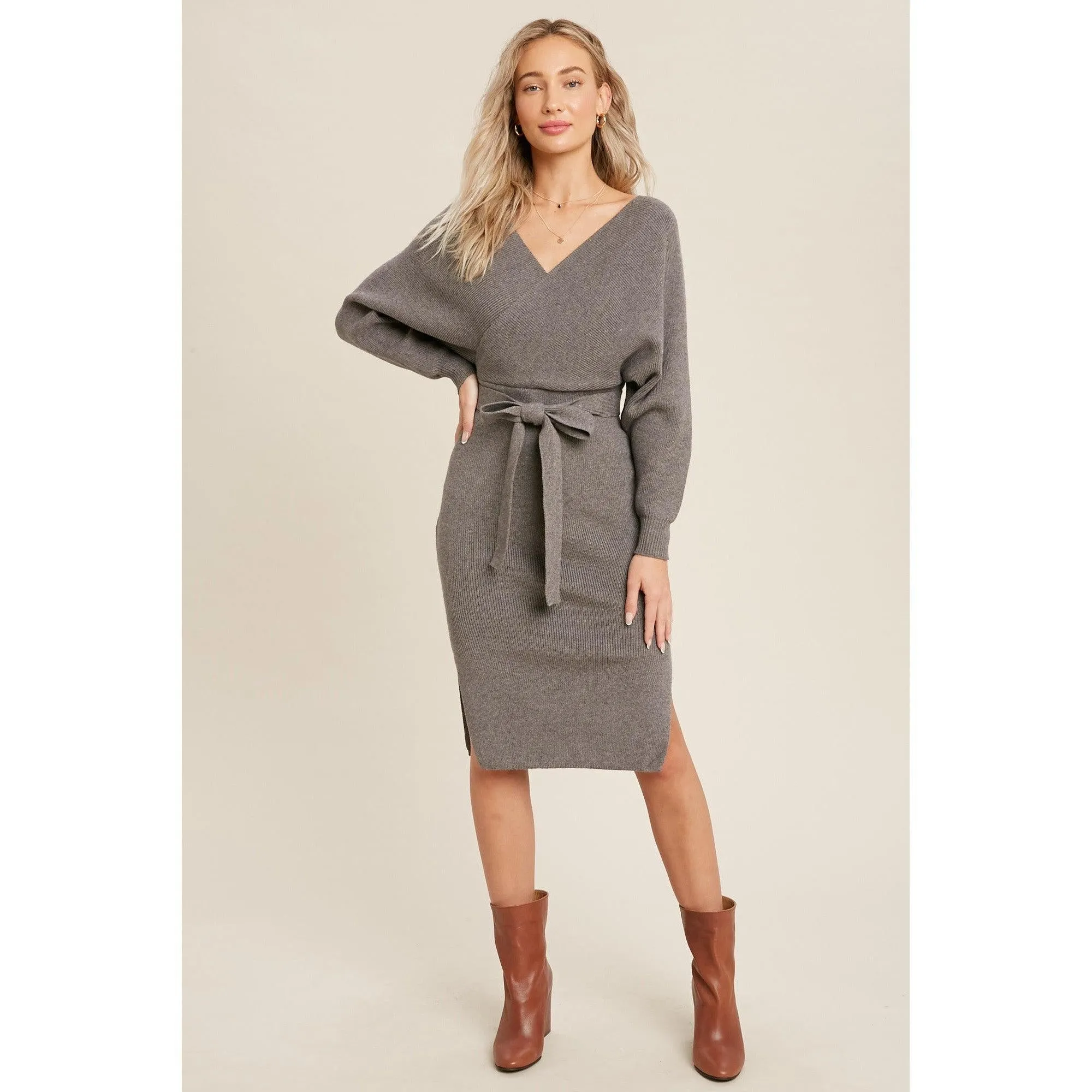 Surplice Belted Grey Sweater Dress