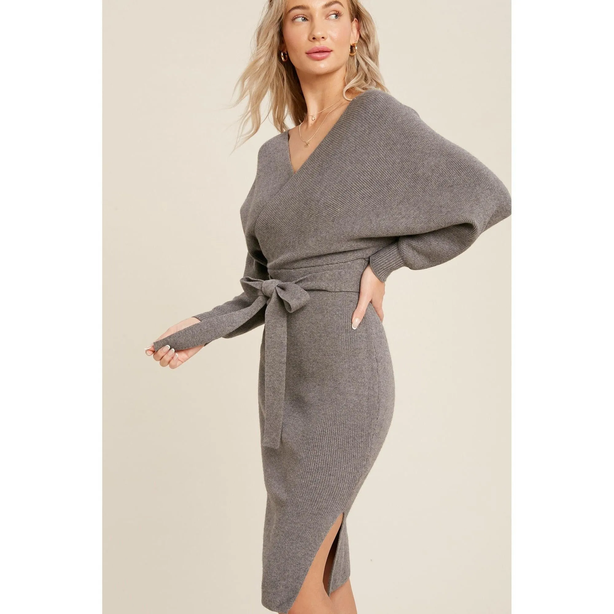 Surplice Belted Grey Sweater Dress