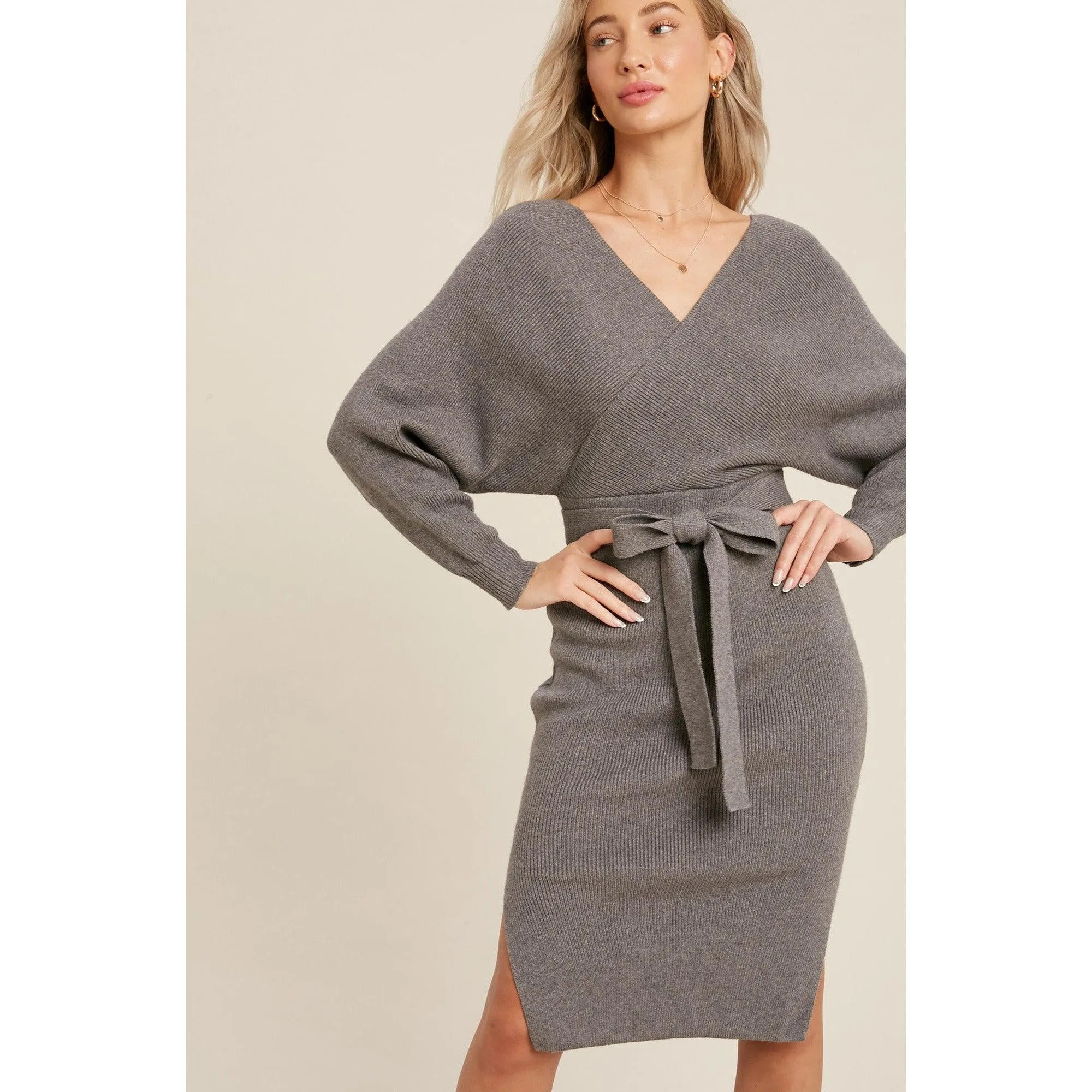 Surplice Belted Grey Sweater Dress