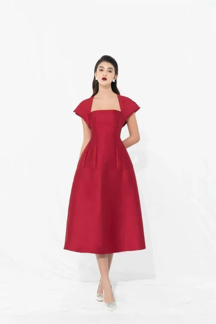 Taffeta Dress with Cape Sleeves-FERN