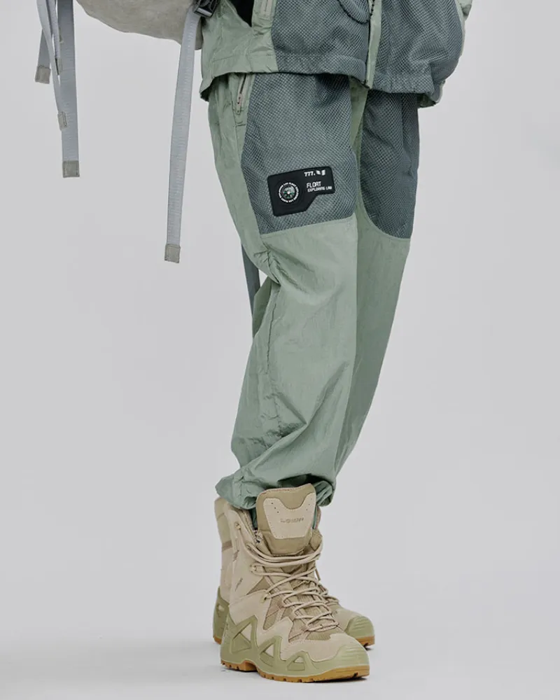 Techwear Patchwork Shimmer Mesh Wrinkle Pants