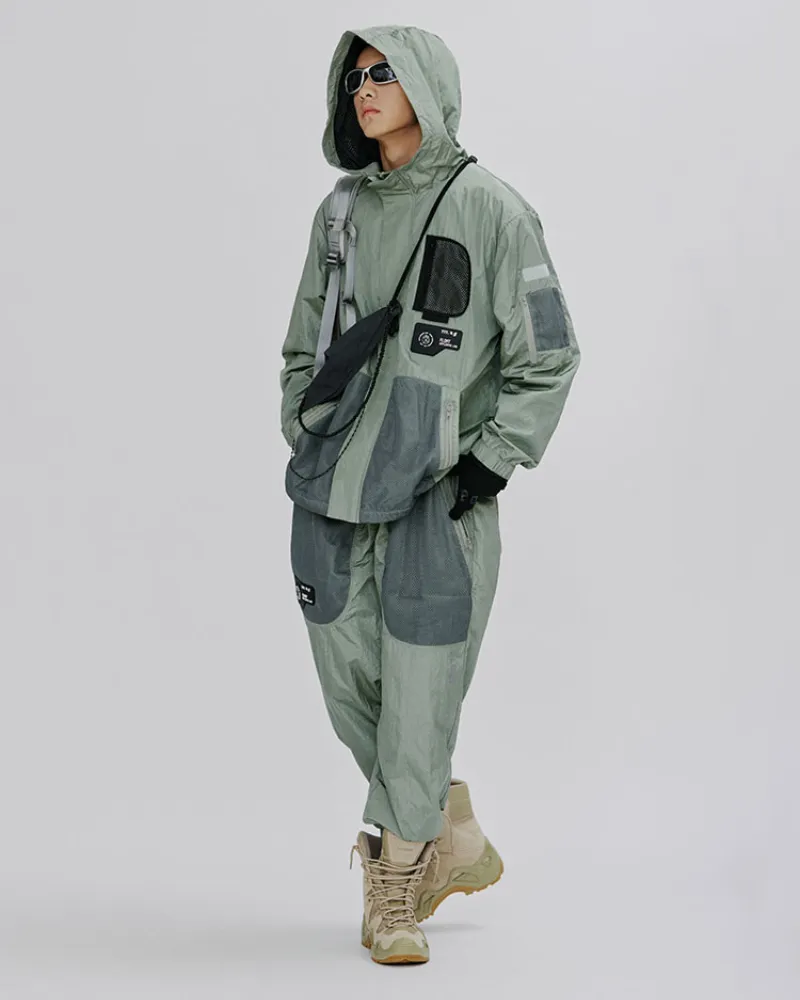 Techwear Patchwork Shimmer Mesh Wrinkle Pants