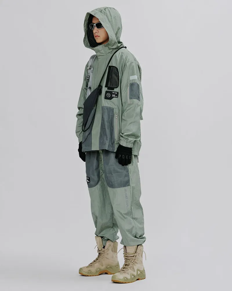 Techwear Patchwork Shimmer Mesh Wrinkle Pants