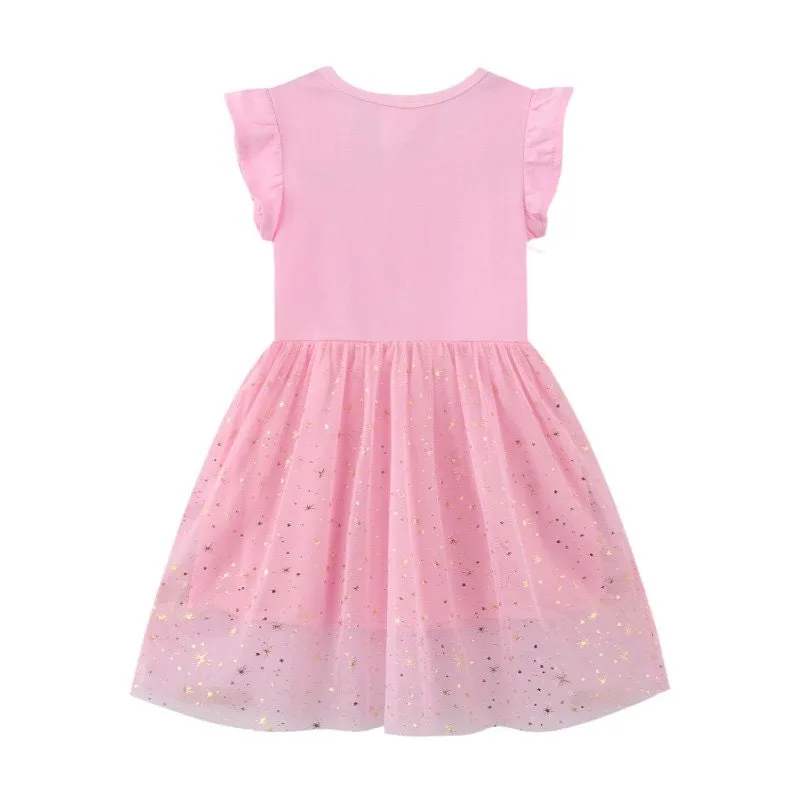 Unicorn with Ruffle Sleeves Tutu Girls Pink Summer Dress