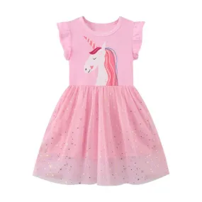 Unicorn with Ruffle Sleeves Tutu Girls Pink Summer Dress