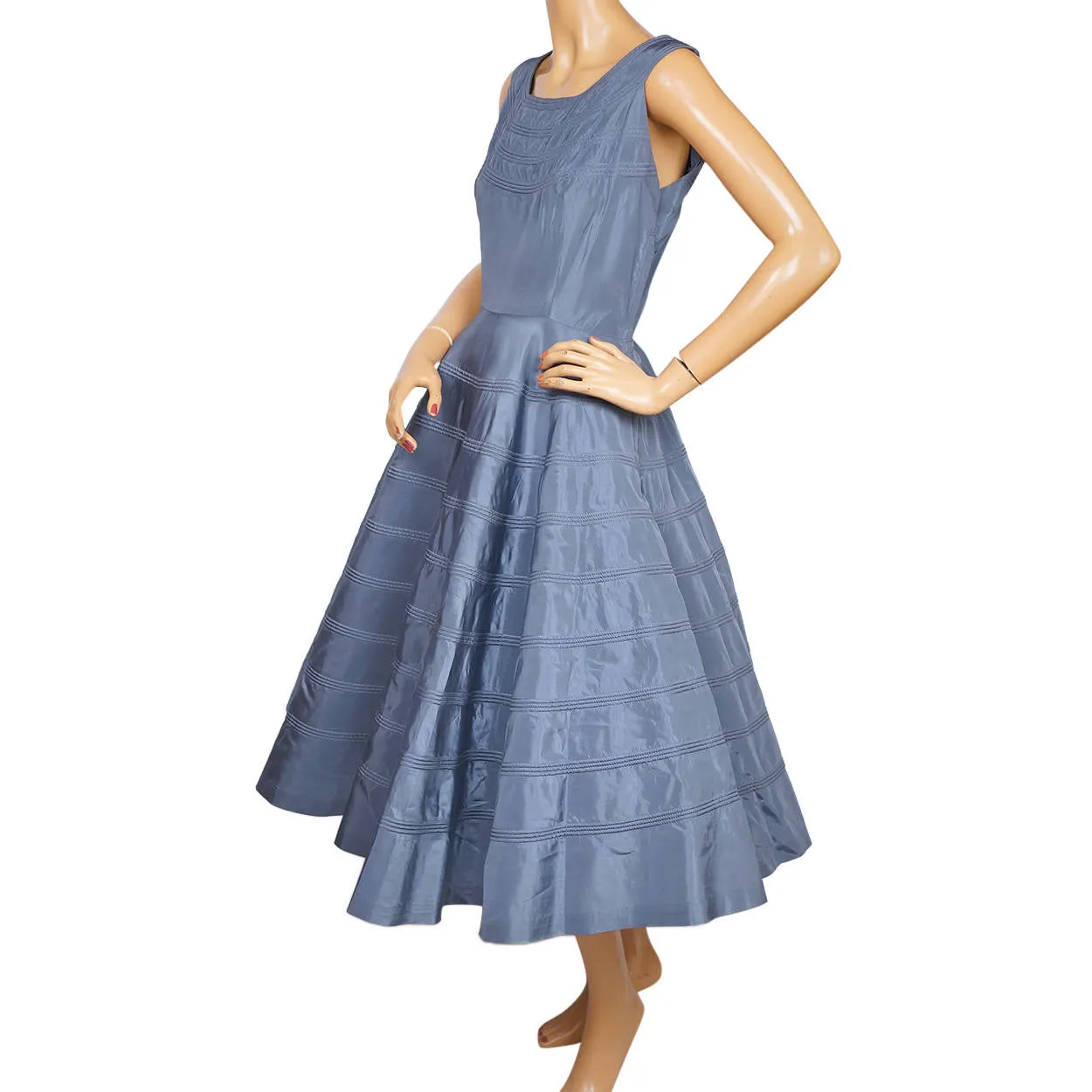 Vintage 50s Dress Blue Taffeta with Circular Detailing M L