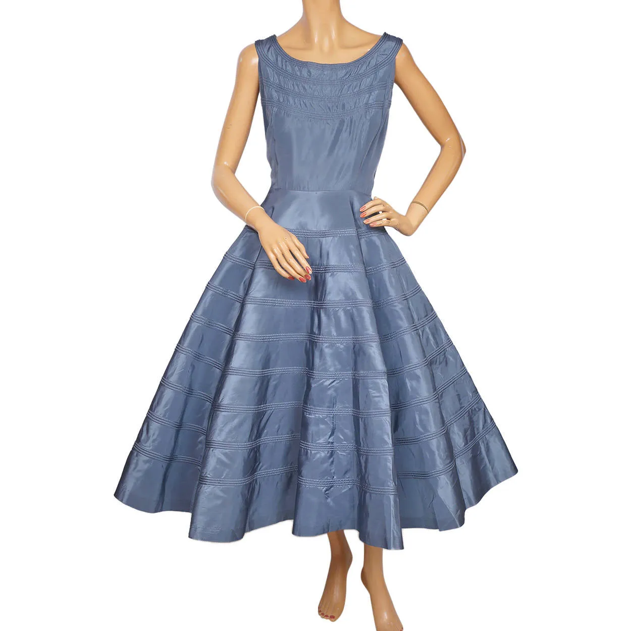 Vintage 50s Dress Blue Taffeta with Circular Detailing M L