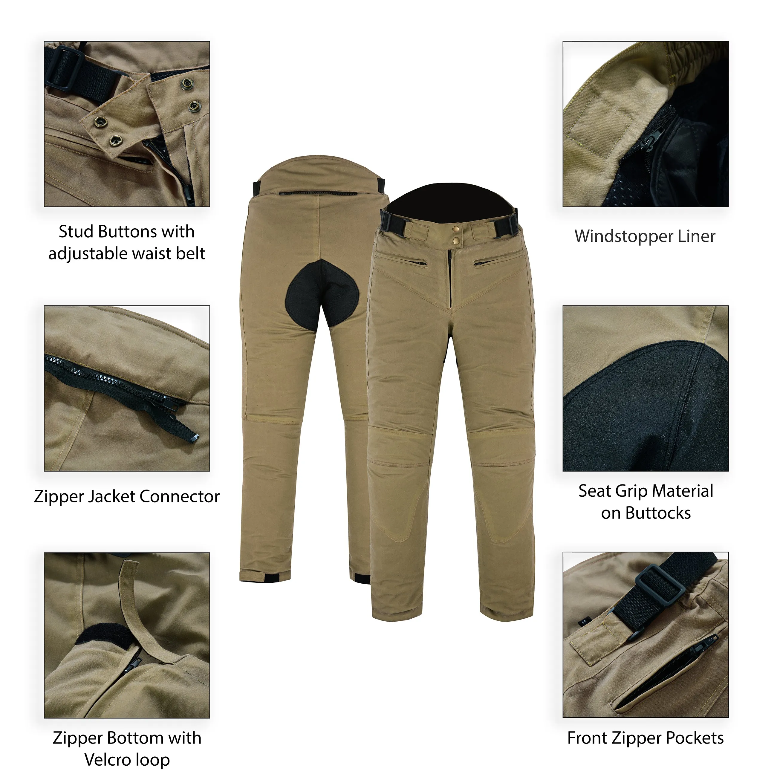 Warrior Gears® LADIES Wax Cotton Waxed Motorcycle Trousers, Waterproof Breathable CE Armour Biker Racing Trouser - TAN