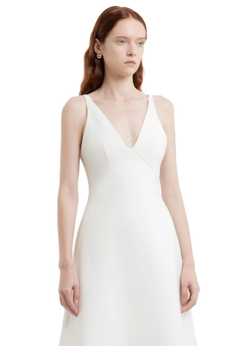 White Deep V-Neck Midi Dress -DEBBIE