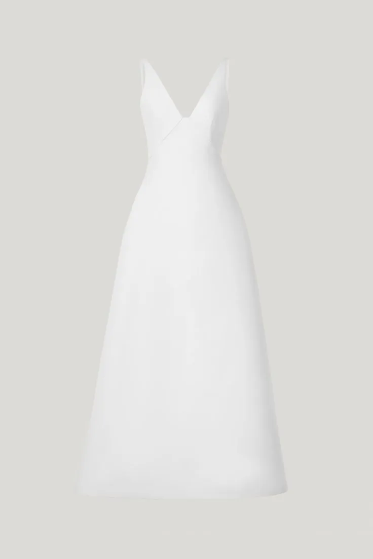 White Deep V-Neck Midi Dress -DEBBIE