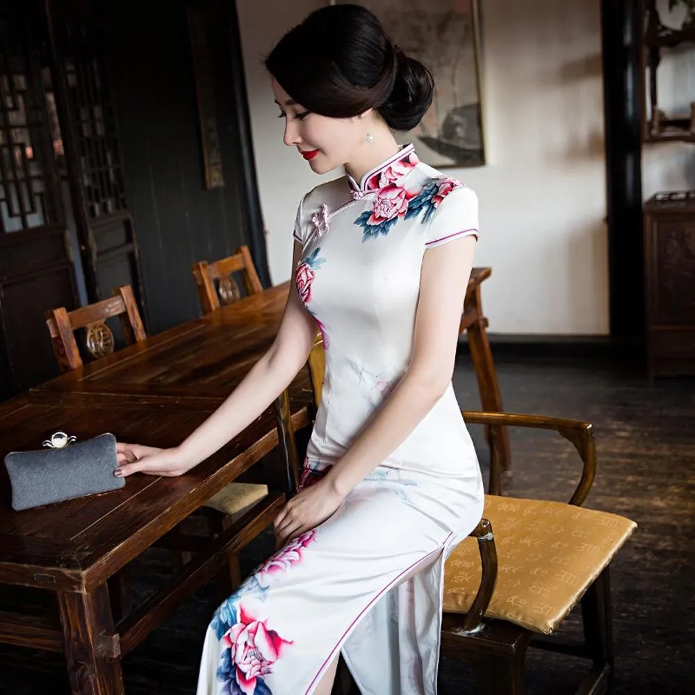 Winnal Long Cheongsam Dress Traditional Chinese Dress Silk Qipao Dress