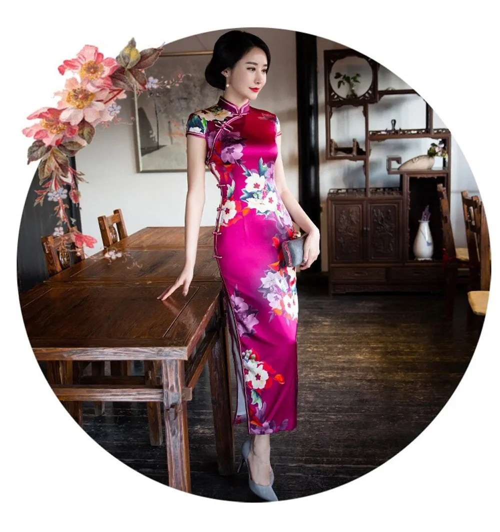 Winnal Long Cheongsam Dress Traditional Chinese Dress Silk Qipao Dress