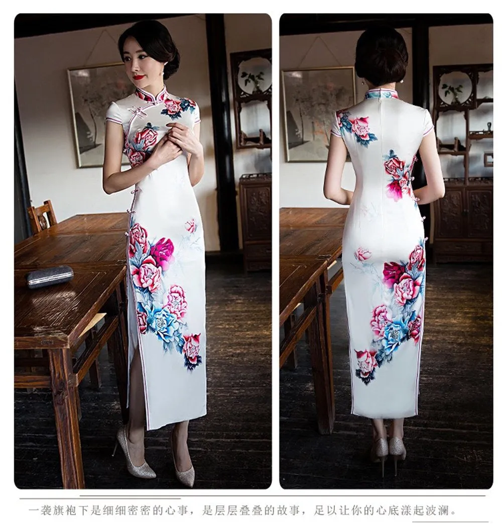 Winnal Long Cheongsam Dress Traditional Chinese Dress Silk Qipao Dress