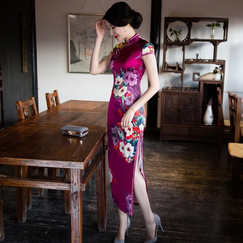 Winnal Long Cheongsam Dress Traditional Chinese Dress Silk Qipao Dress