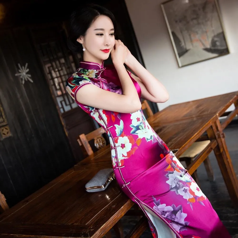 Winnal Long Cheongsam Dress Traditional Chinese Dress Silk Qipao Dress