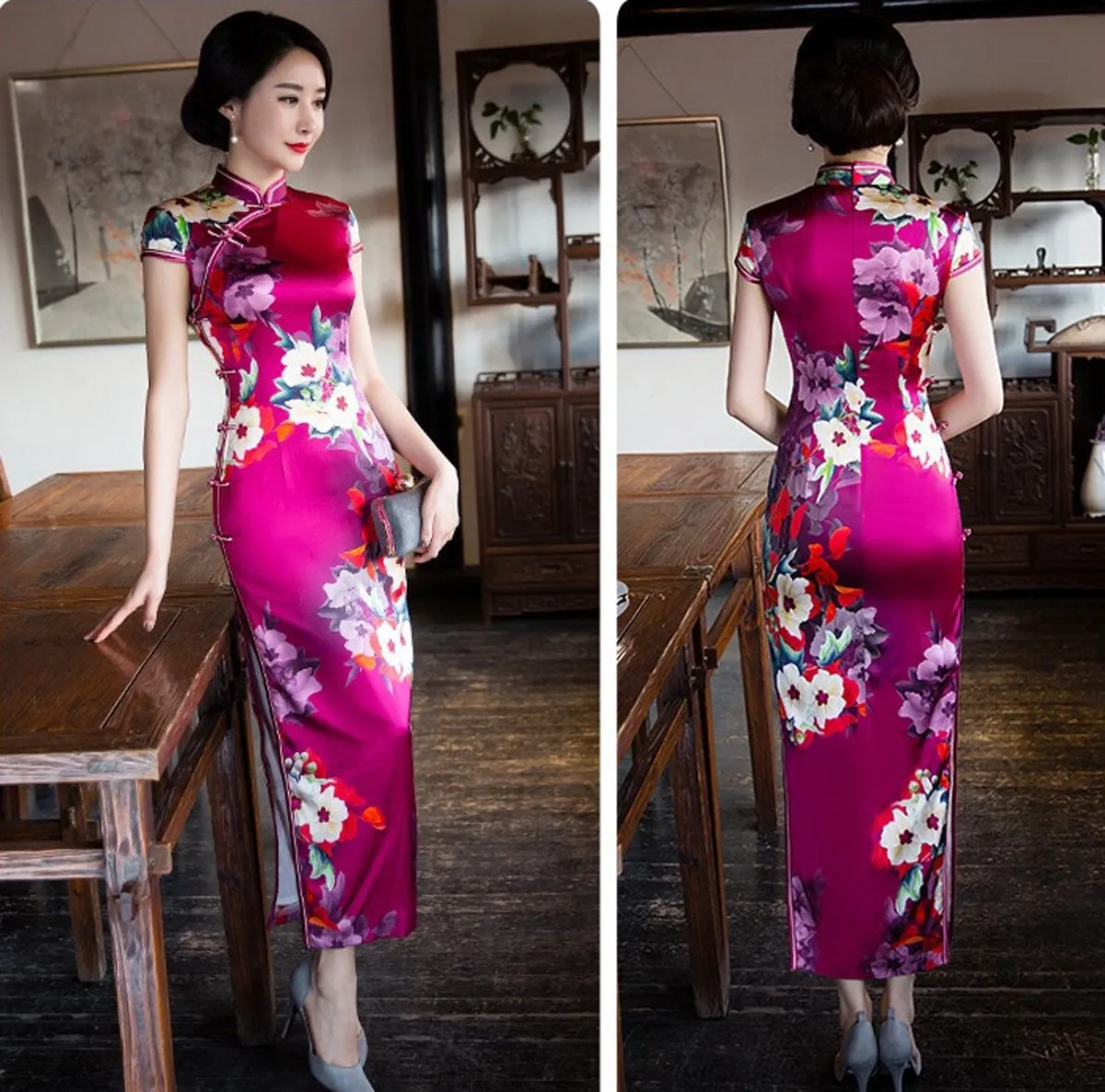 Winnal Long Cheongsam Dress Traditional Chinese Dress Silk Qipao Dress