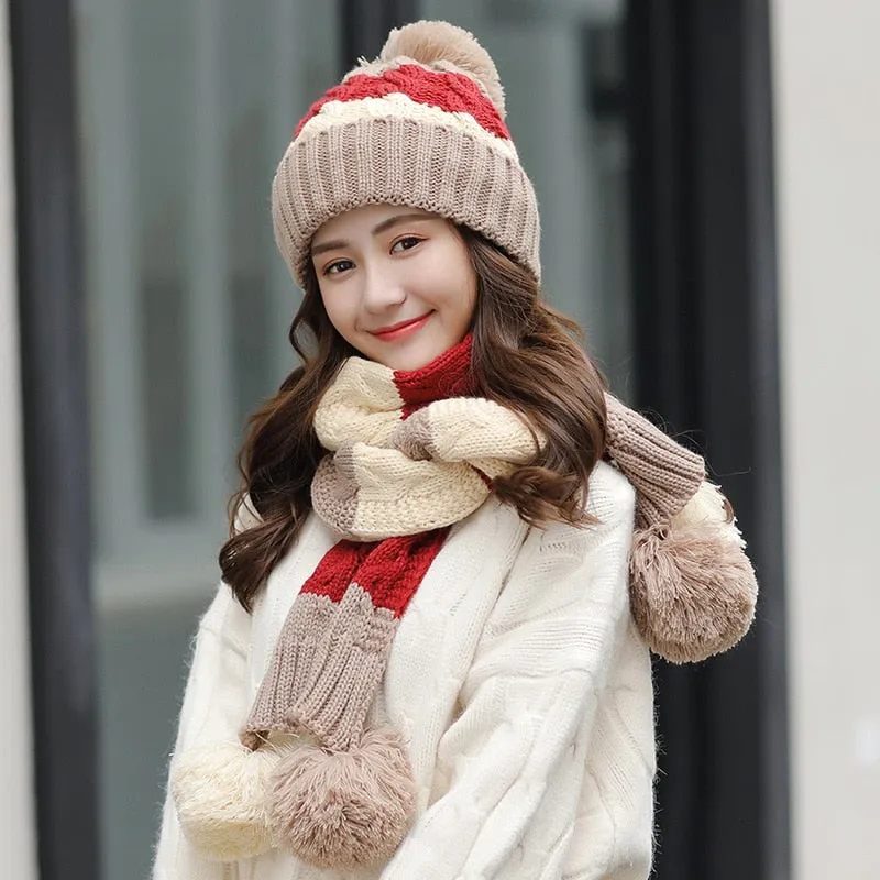 Winter Knit Hat Scarf Two-piece Women Velvet Beanies Cap Lady Warm Wool Ball Caps Sweet Cute knitted Earmuffs Hats Female