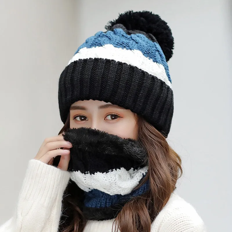 Winter Knit Hat Scarf Two-piece Women Velvet Beanies Cap Lady Warm Wool Ball Caps Sweet Cute knitted Earmuffs Hats Female