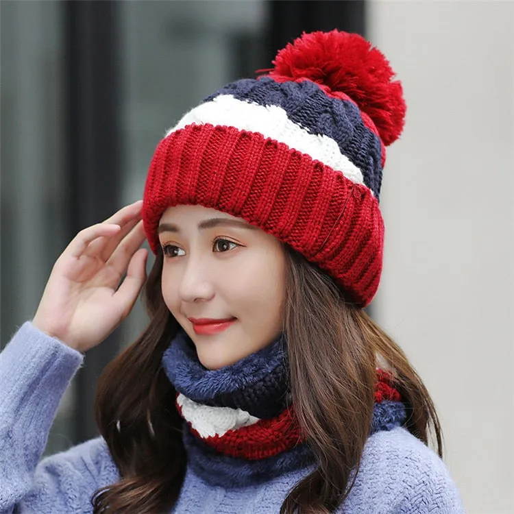 Winter Knit Hat Scarf Two-piece Women Velvet Beanies Cap Lady Warm Wool Ball Caps Sweet Cute knitted Earmuffs Hats Female