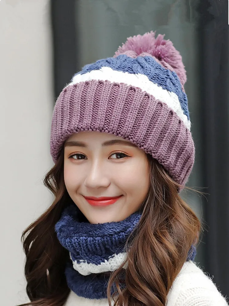 Winter Knit Hat Scarf Two-piece Women Velvet Beanies Cap Lady Warm Wool Ball Caps Sweet Cute knitted Earmuffs Hats Female