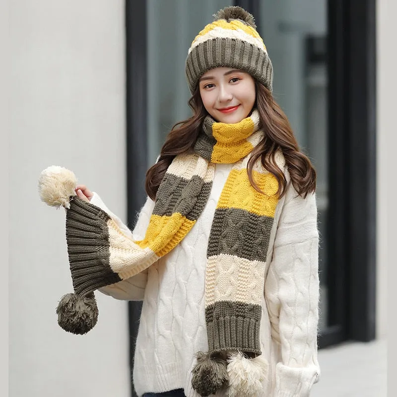 Winter Knit Hat Scarf Two-piece Women Velvet Beanies Cap Lady Warm Wool Ball Caps Sweet Cute knitted Earmuffs Hats Female