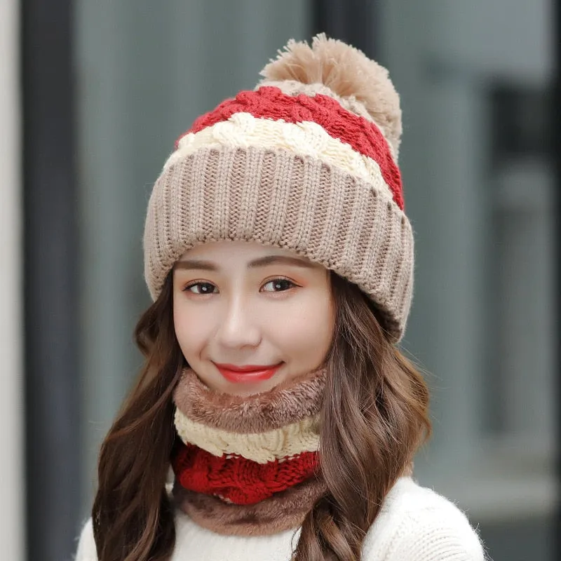 Winter Knit Hat Scarf Two-piece Women Velvet Beanies Cap Lady Warm Wool Ball Caps Sweet Cute knitted Earmuffs Hats Female