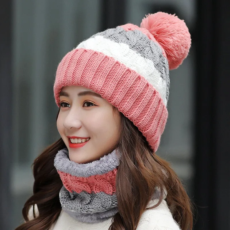 Winter Knit Hat Scarf Two-piece Women Velvet Beanies Cap Lady Warm Wool Ball Caps Sweet Cute knitted Earmuffs Hats Female