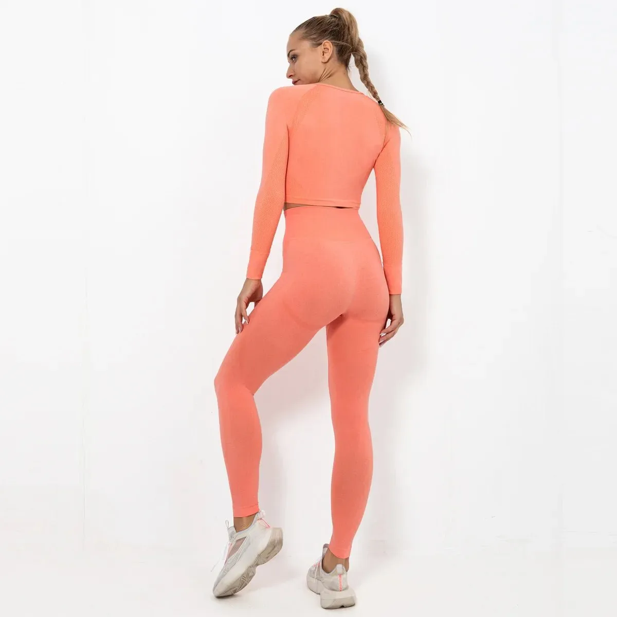 Women Seamless Long Sleeve Top And Leggings Set Yoga Workout Suit