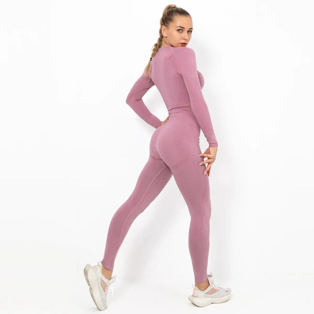 Women Seamless Long Sleeve Top And Leggings Set Yoga Workout Suit