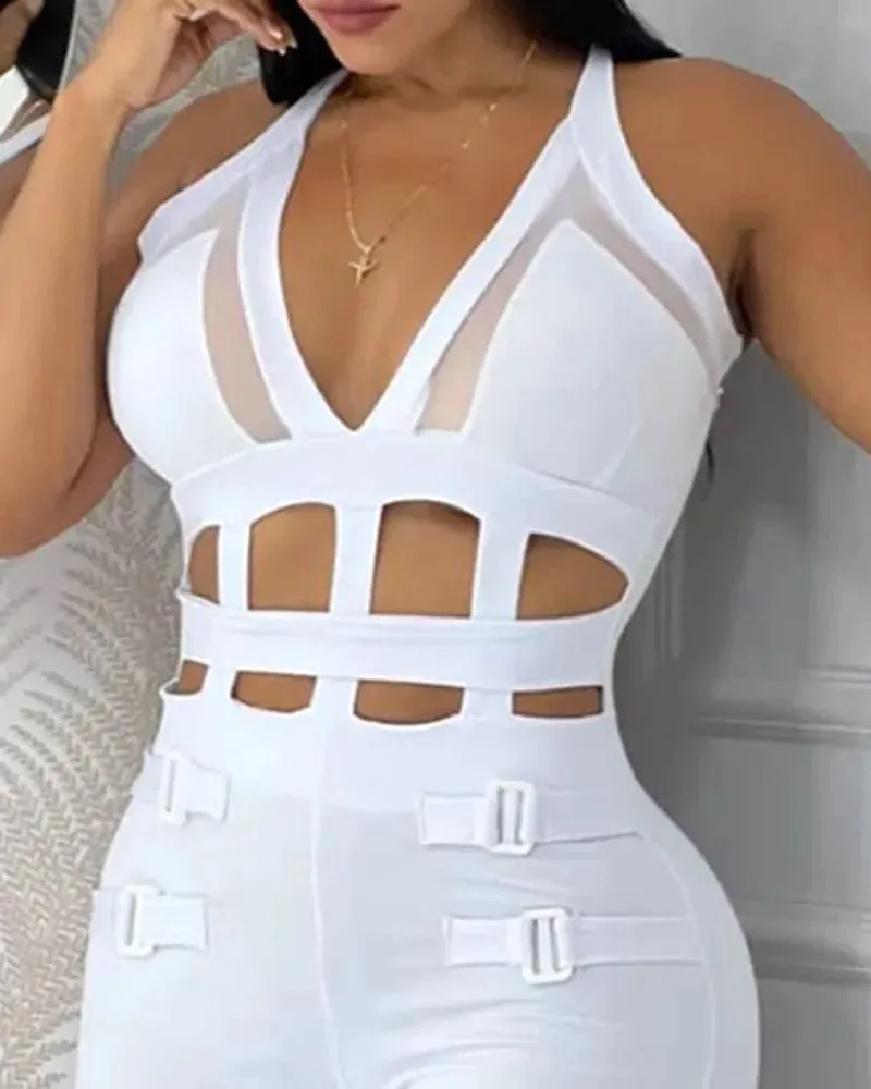 Women Sexy Hollow Out Halter Buckled Contrast Mesh Jumpsuit