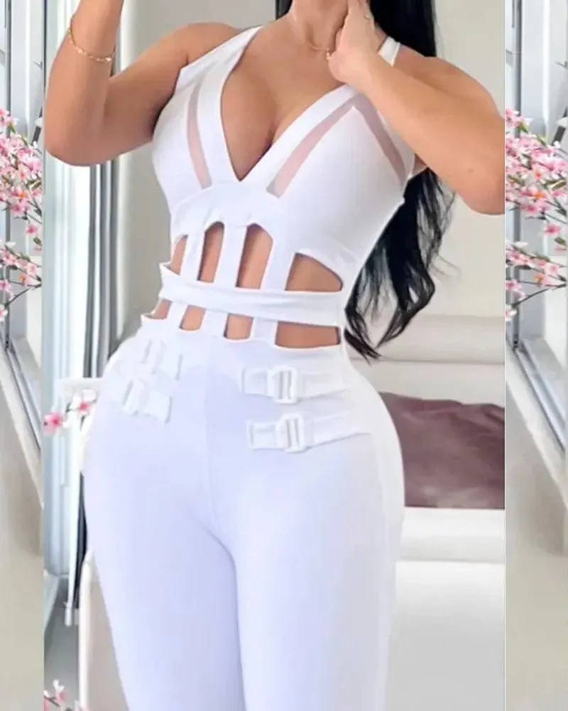 Women Sexy Hollow Out Halter Buckled Contrast Mesh Jumpsuit