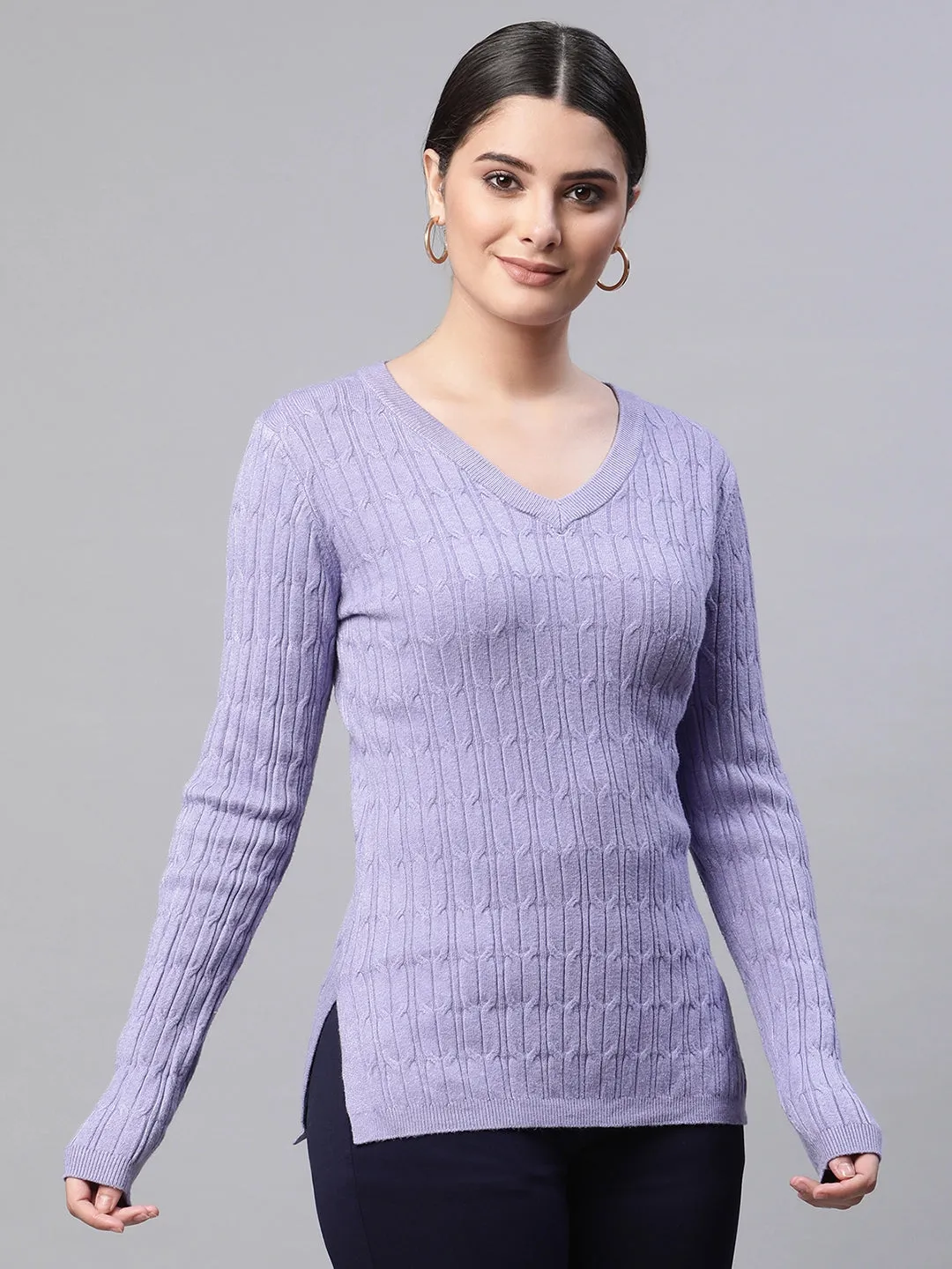 Women V-Neck Elongated Hem Lavender Jacquard Regular Fit Pullover