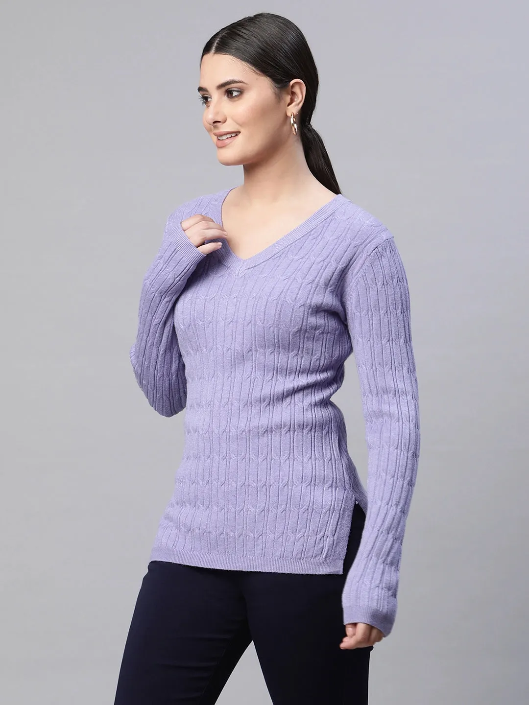 Women V-Neck Elongated Hem Lavender Jacquard Regular Fit Pullover