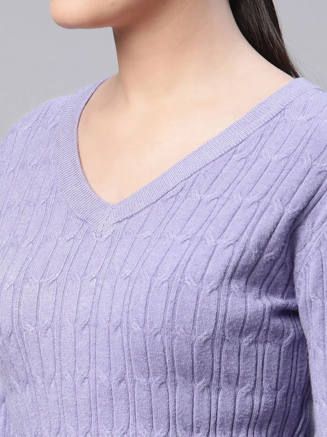 Women V-Neck Elongated Hem Lavender Jacquard Regular Fit Pullover