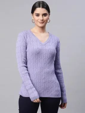 Women V-Neck Elongated Hem Lavender Jacquard Regular Fit Pullover