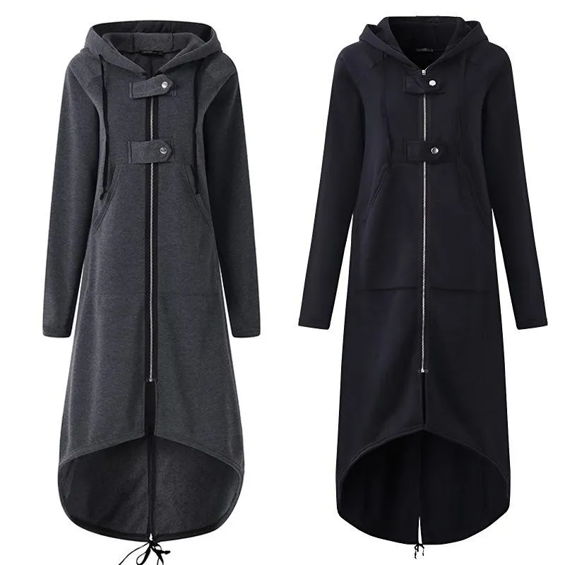 Women winter long zipper button hooded duster coat