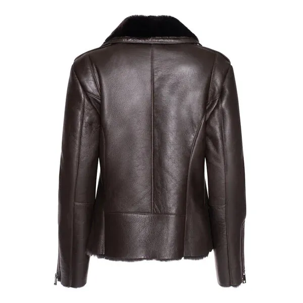 Women's Brown Faux Shearling Straight Moto Leather Jacket