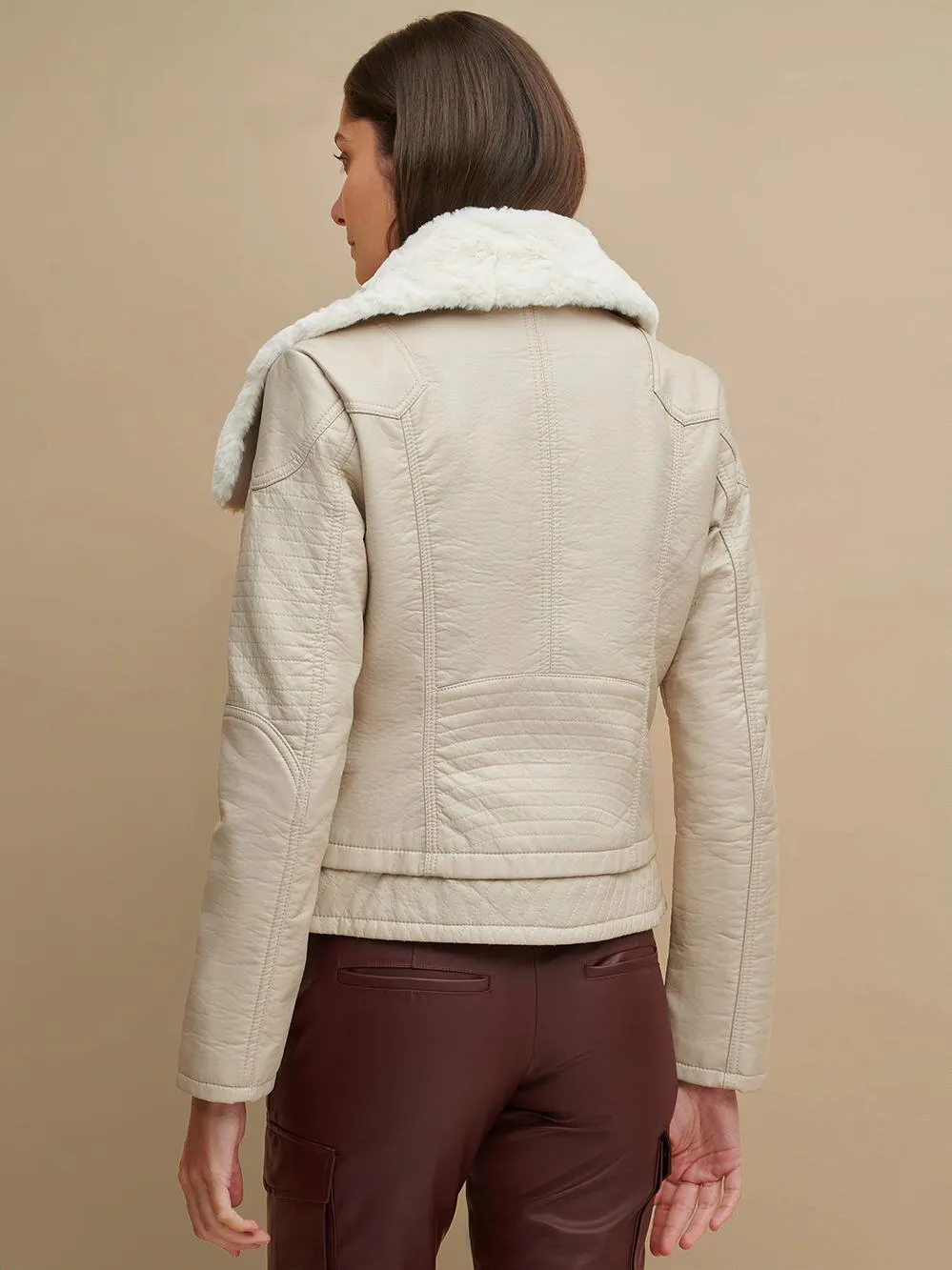 Women’s Cream Beige Leather White Shearling Big Collared Jacket