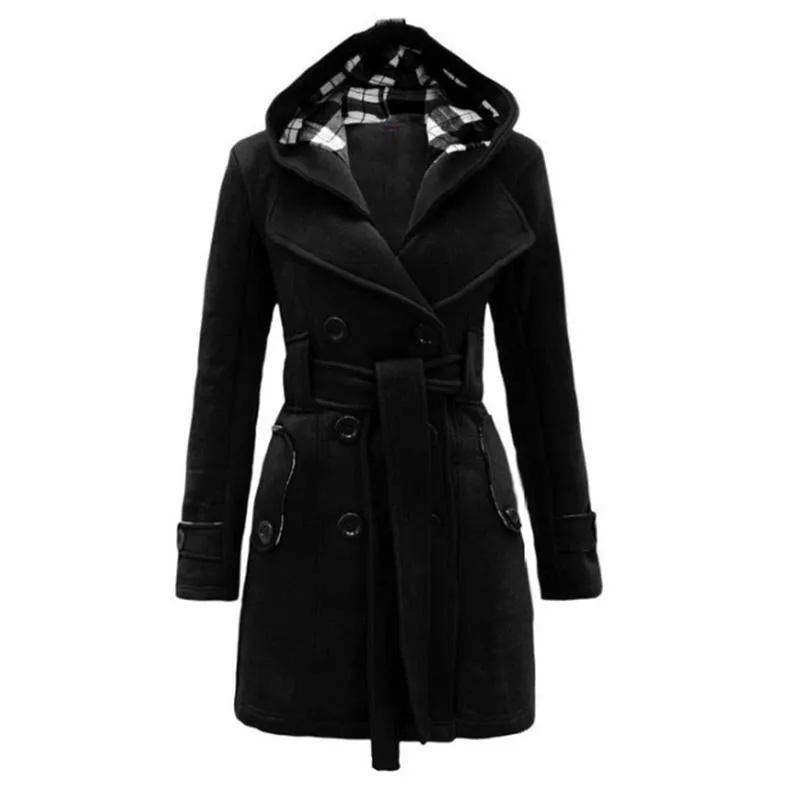 Women's double-breasted hooded coat fashion belted coat for winter