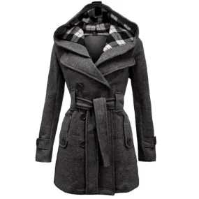 Women's double-breasted hooded coat fashion belted coat for winter