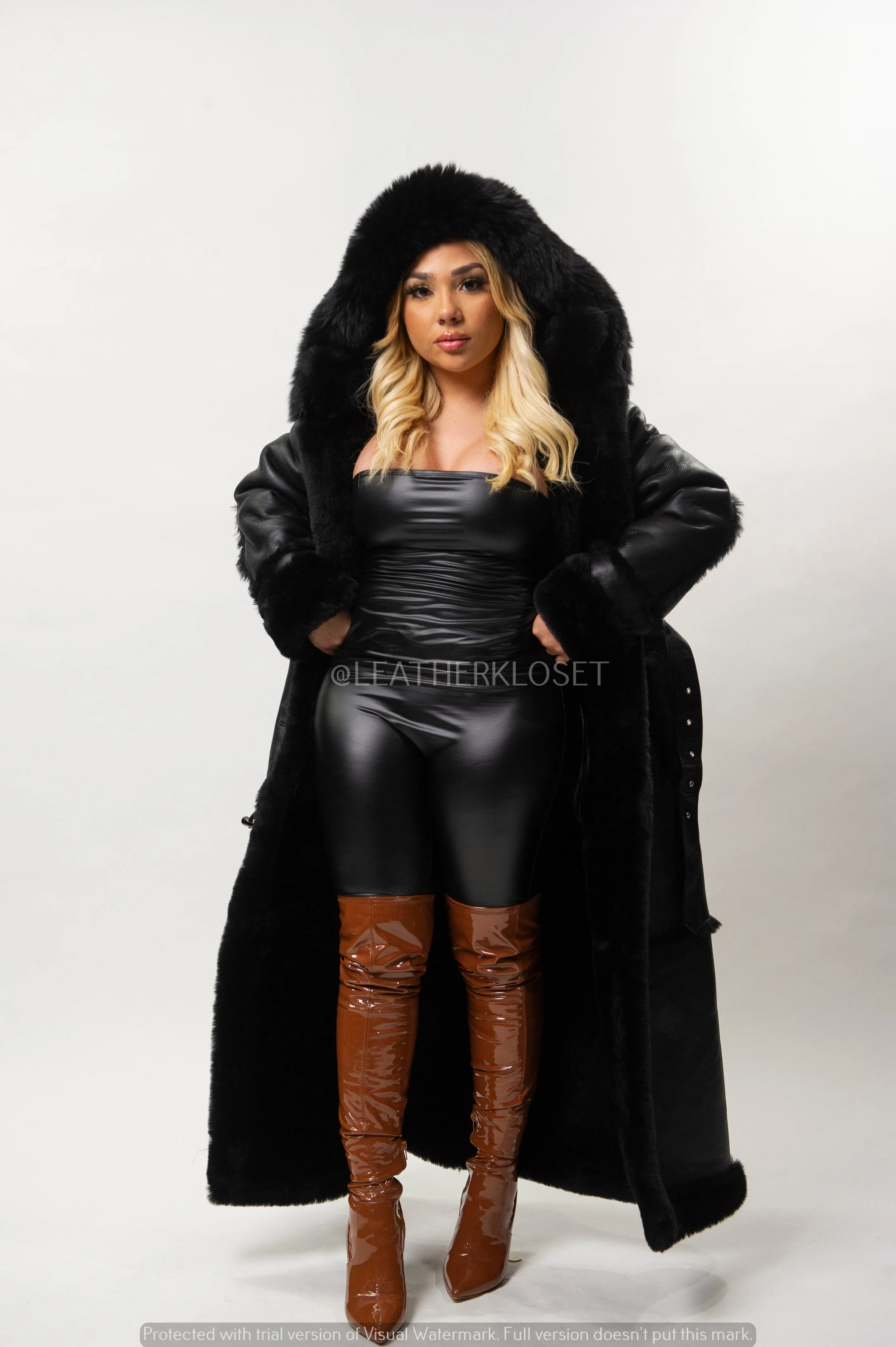 Women's Full Length Real Sheepskin Trench Coat [Black]