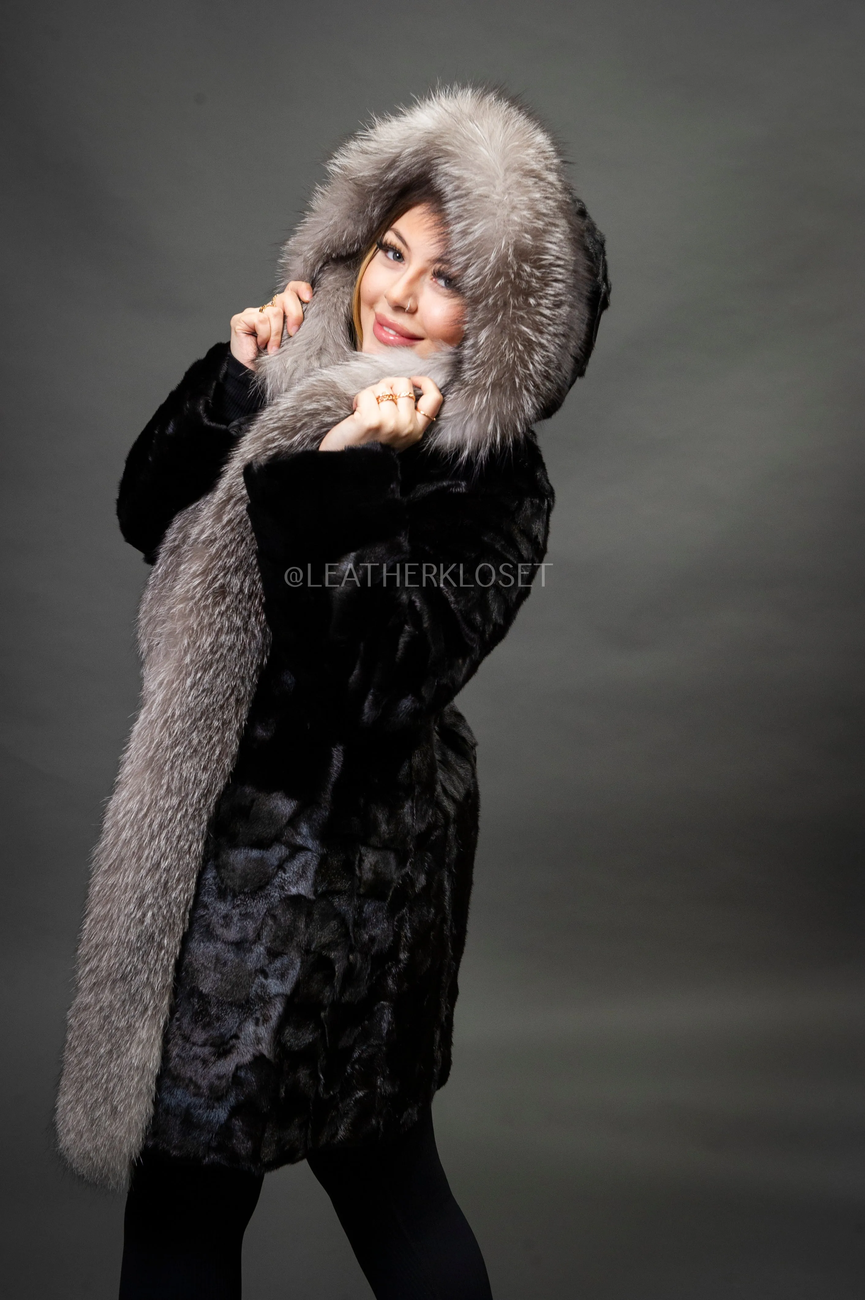 Women's Penelope Mink Coat With Fox Trim [Black/Silver]