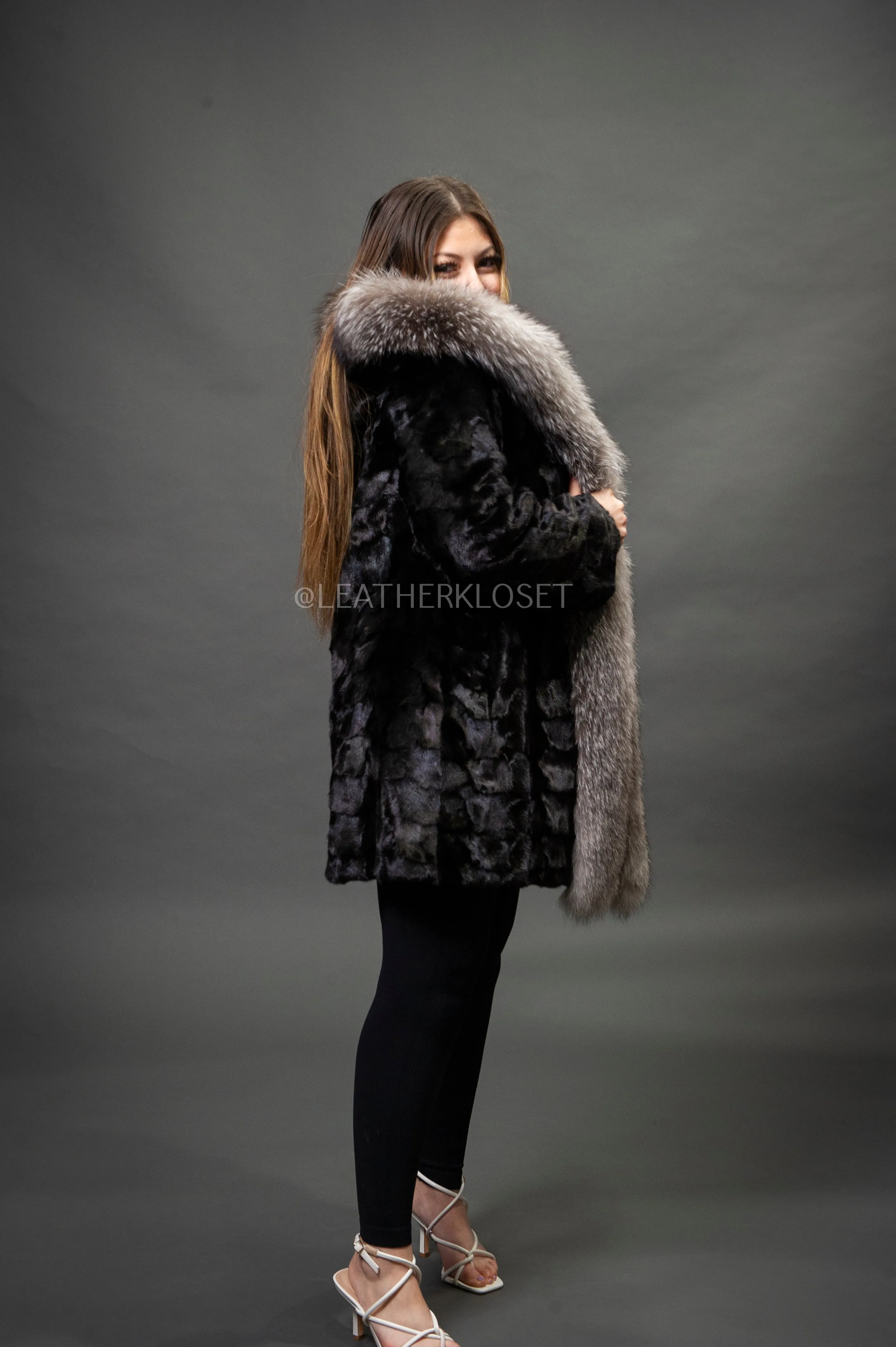 Women's Penelope Mink Coat With Fox Trim [Black/Silver]